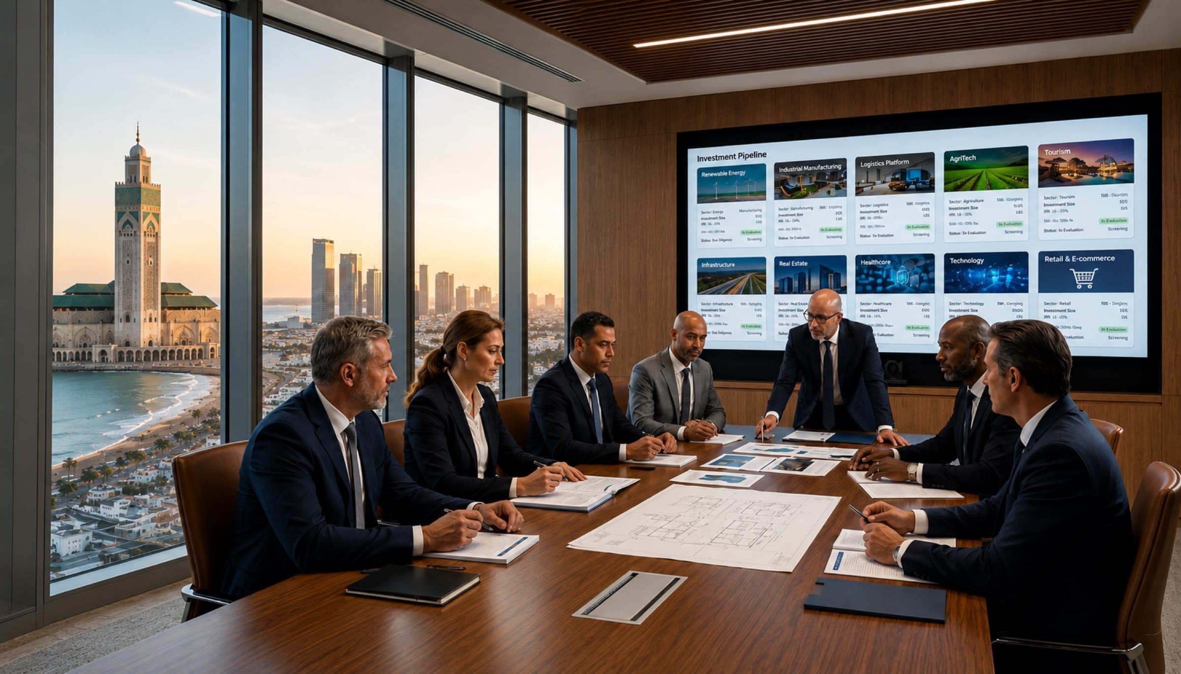 Investment committee reviewing a curated, sector-scored pipeline of Moroccan opportunities — renewable energy, industrial manufacturing, logistics, agritech and more — overlooking Casablanca