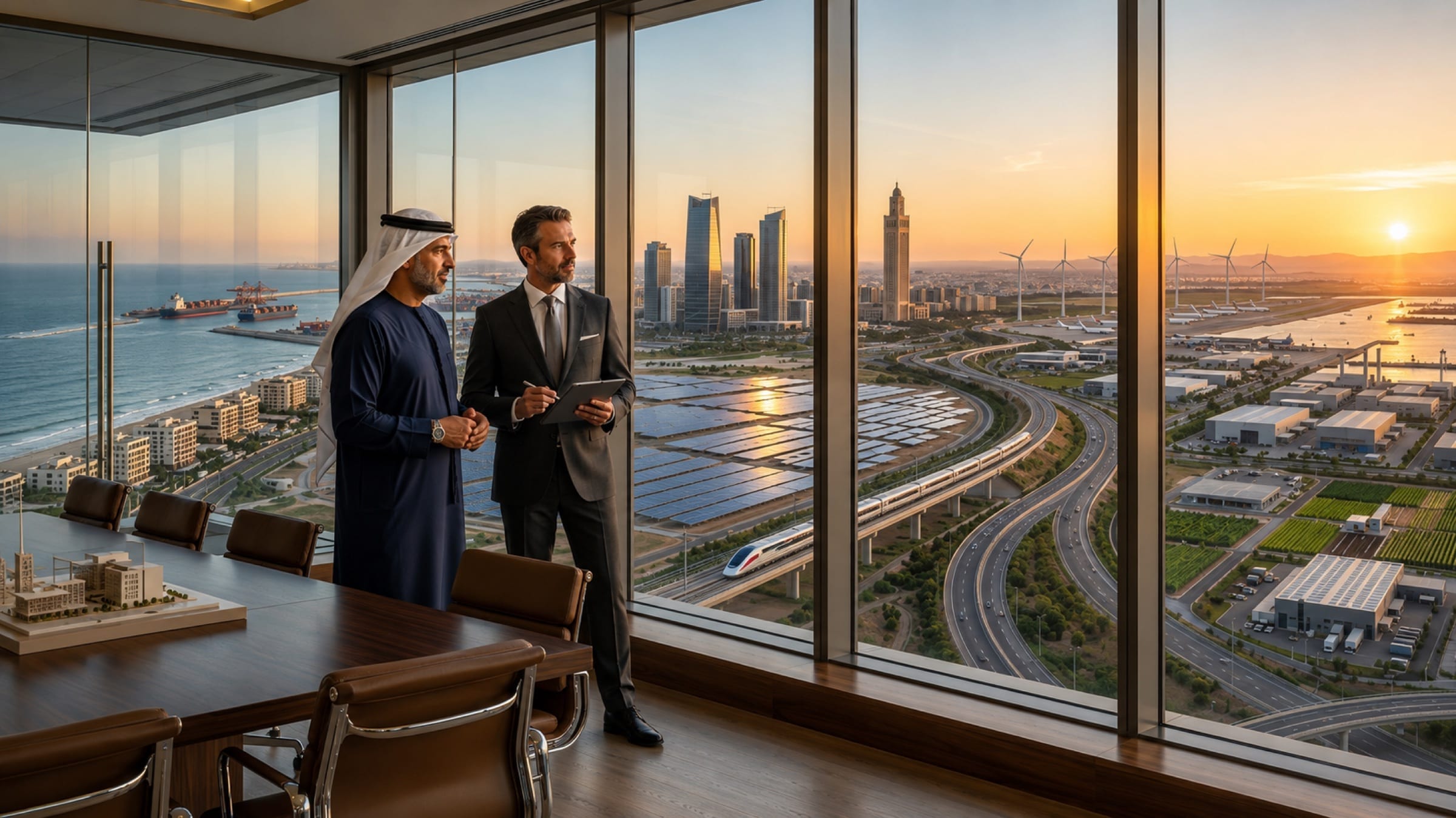 Investors reviewing Morocco's coastal industrial corridor — port, solar field and high-speed rail — from a Casablanca high-rise at sunset