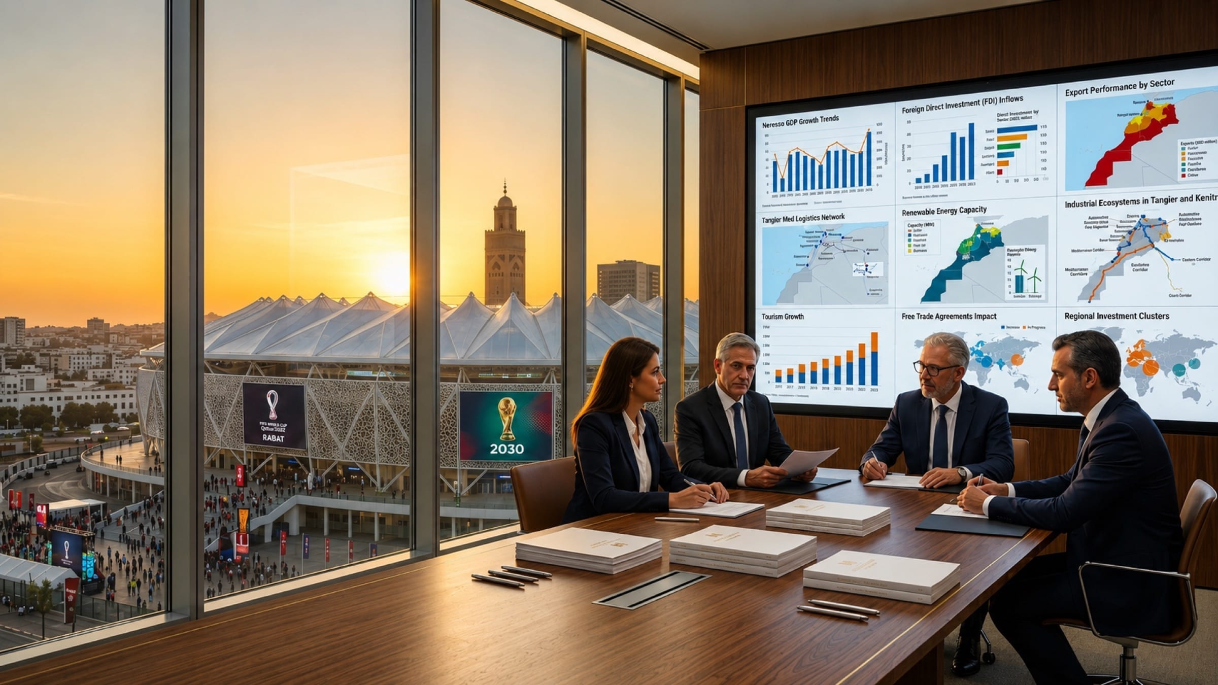 Investment committee reviewing Morocco's macro, trade and infrastructure data with a World Cup 2030 host-stadium skyline beyond