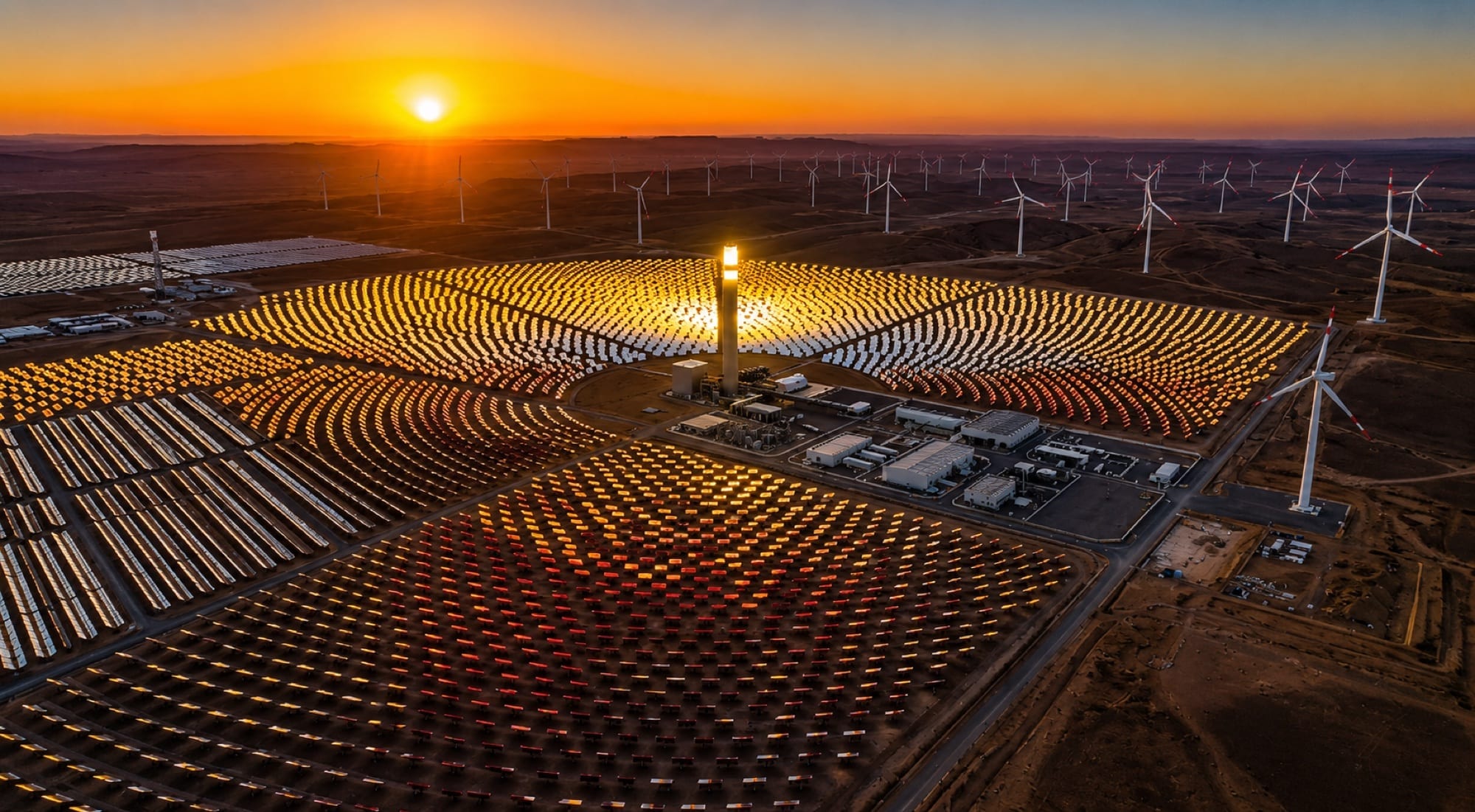 A concentrated solar power complex and wind turbines at sunset
