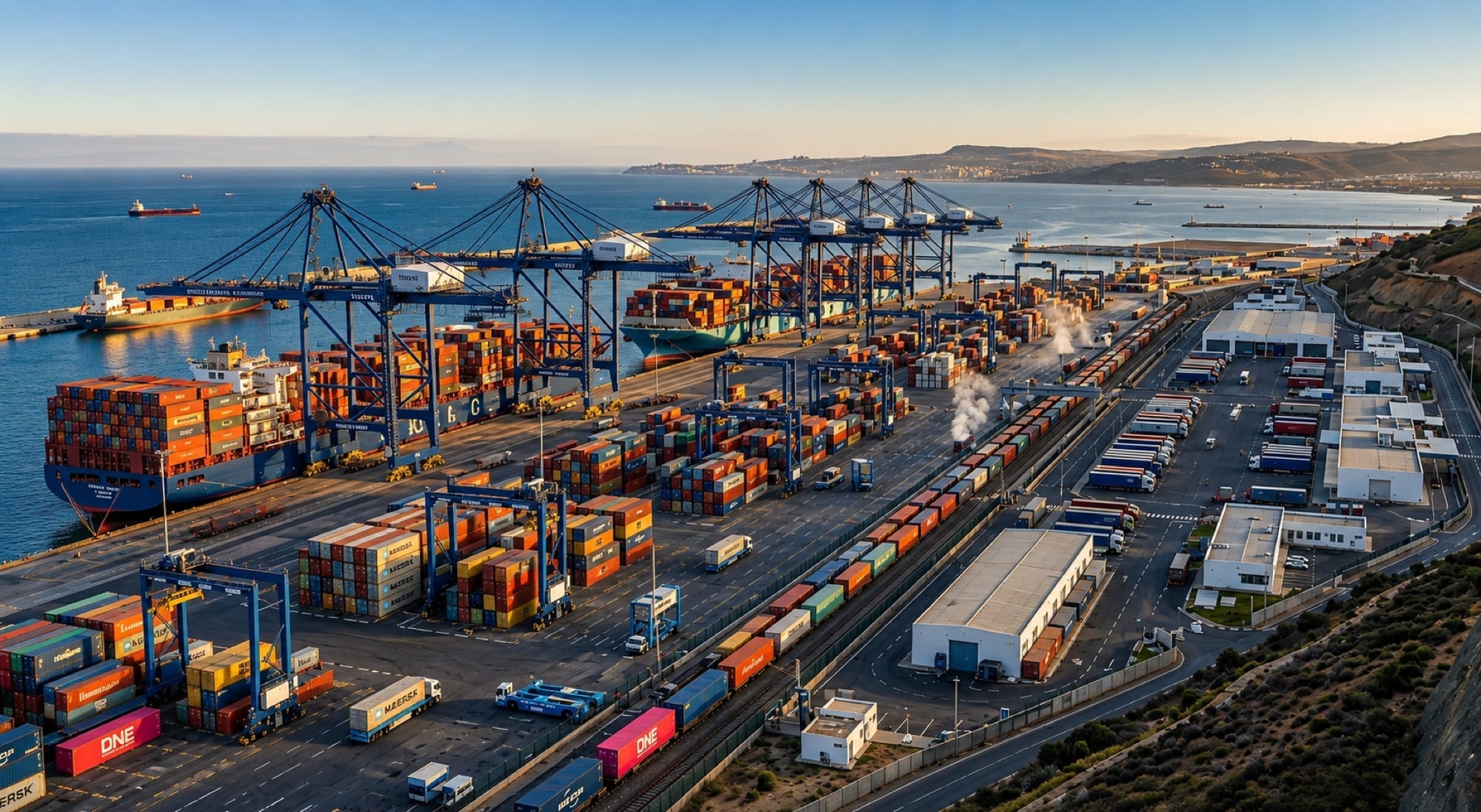 Container ships and gantry cranes at a Moroccan Atlantic port terminal at sunset