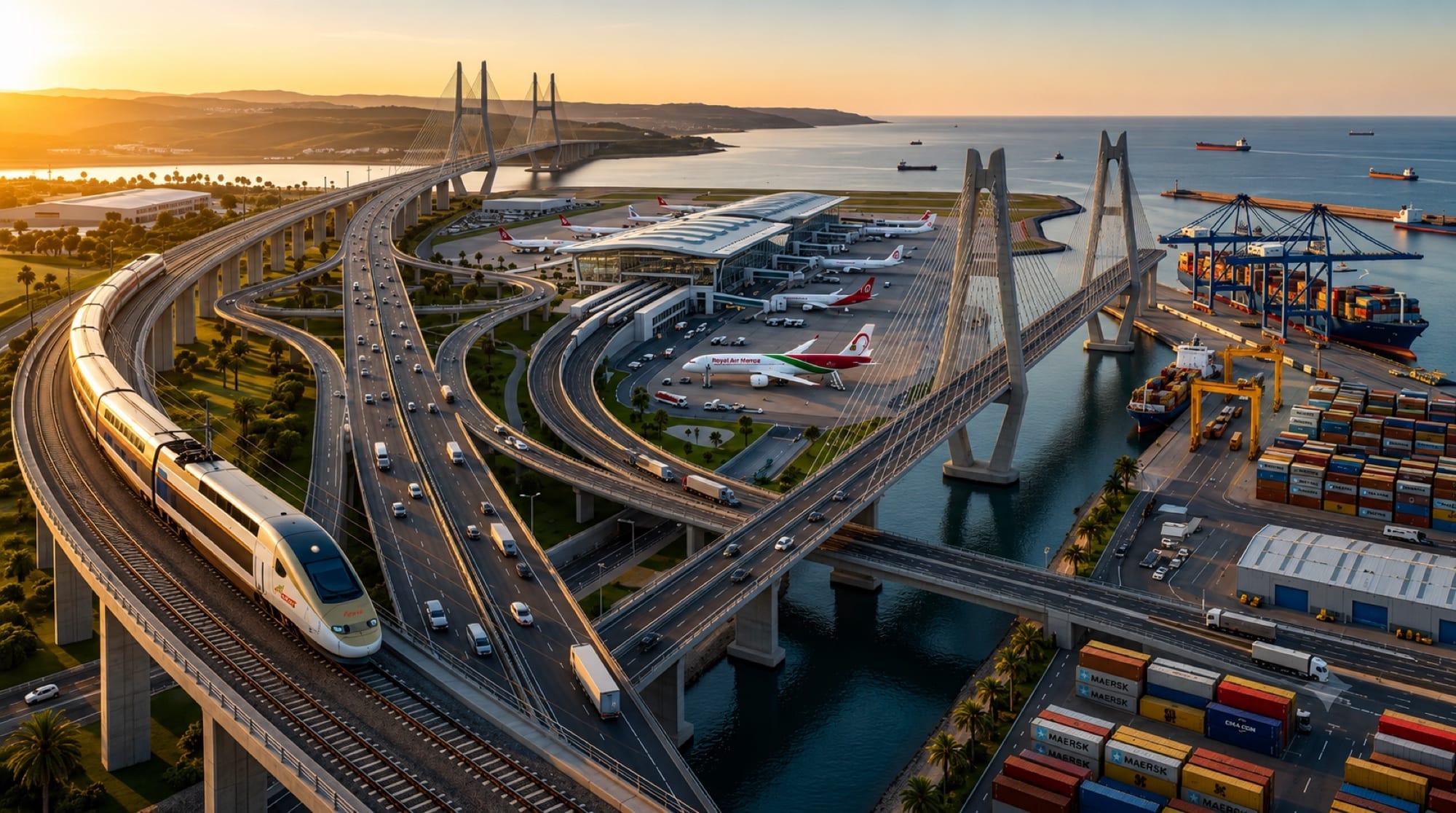 A high-speed rail line, cable-stayed bridge, airport and container port converging at sunset