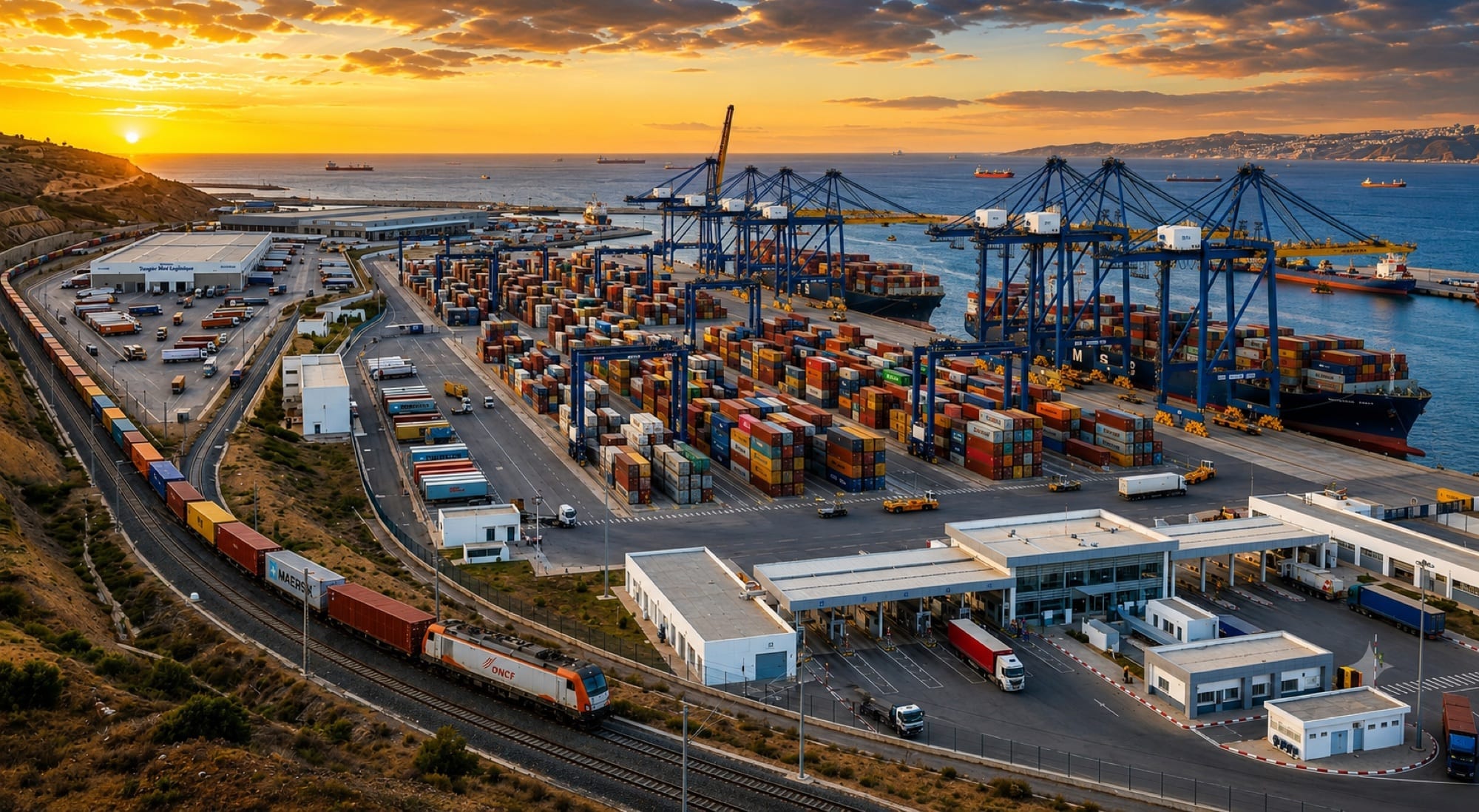 Container terminal and rail sidings at a Moroccan free-zone port at sunset