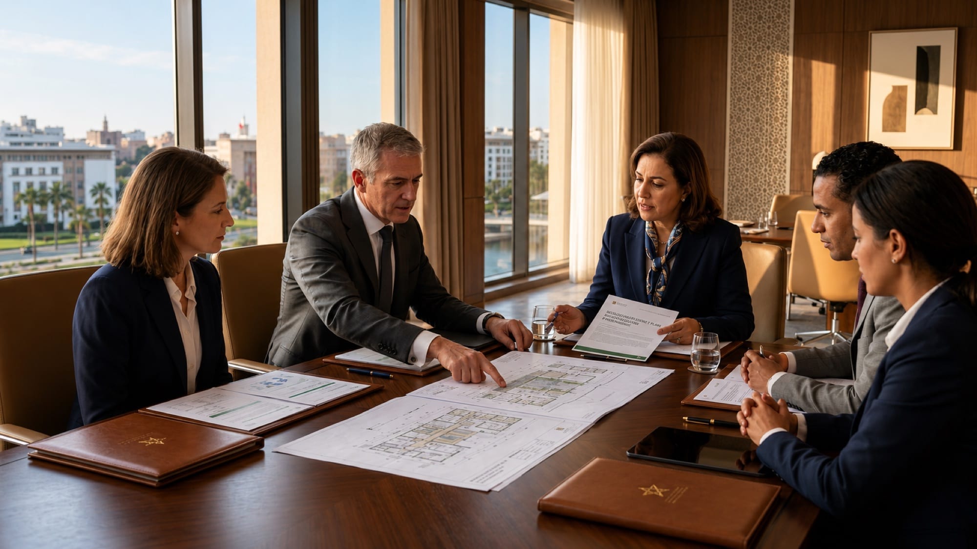 An investment and development planning meeting reviewing masterplan documents in a Rabat boardroom