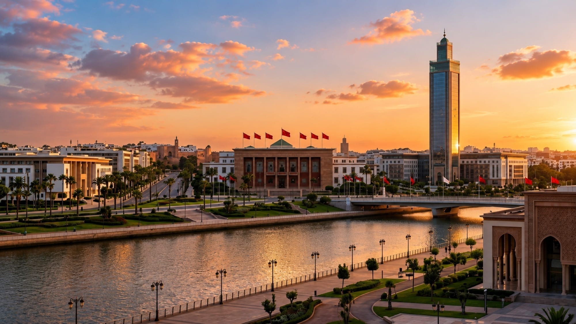Rabat's government quarter at sunset — Moroccan flags, the National Assembly and Mohammed VI Tower on the Bouregreg riverfront