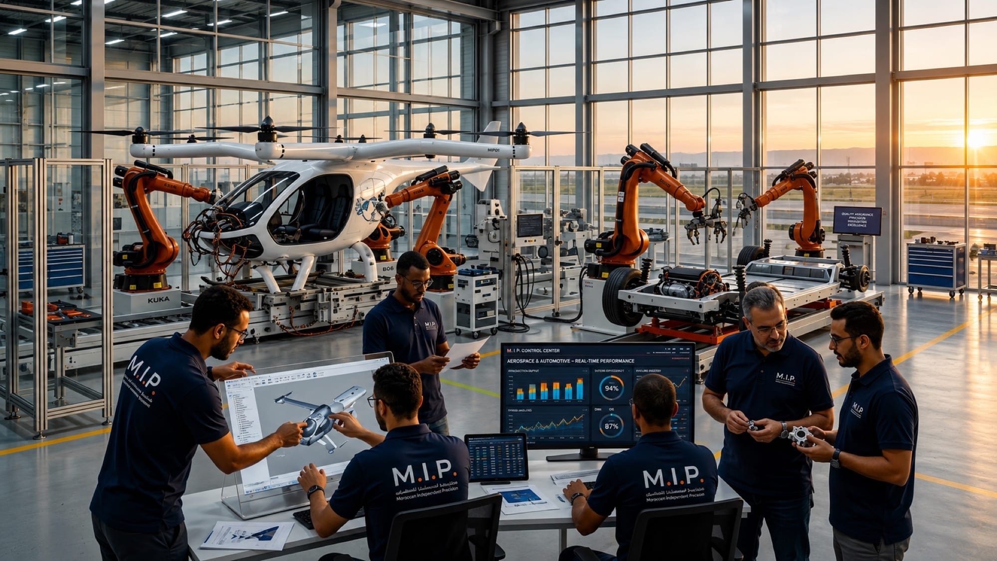 Engineers assembling an aerospace drone prototype alongside robotic manufacturing arms