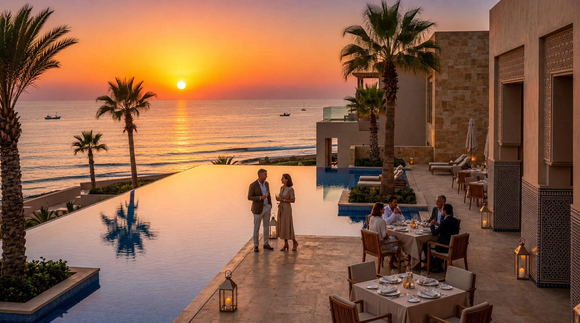 Guests at a Moroccan coastal resort terrace at sunset