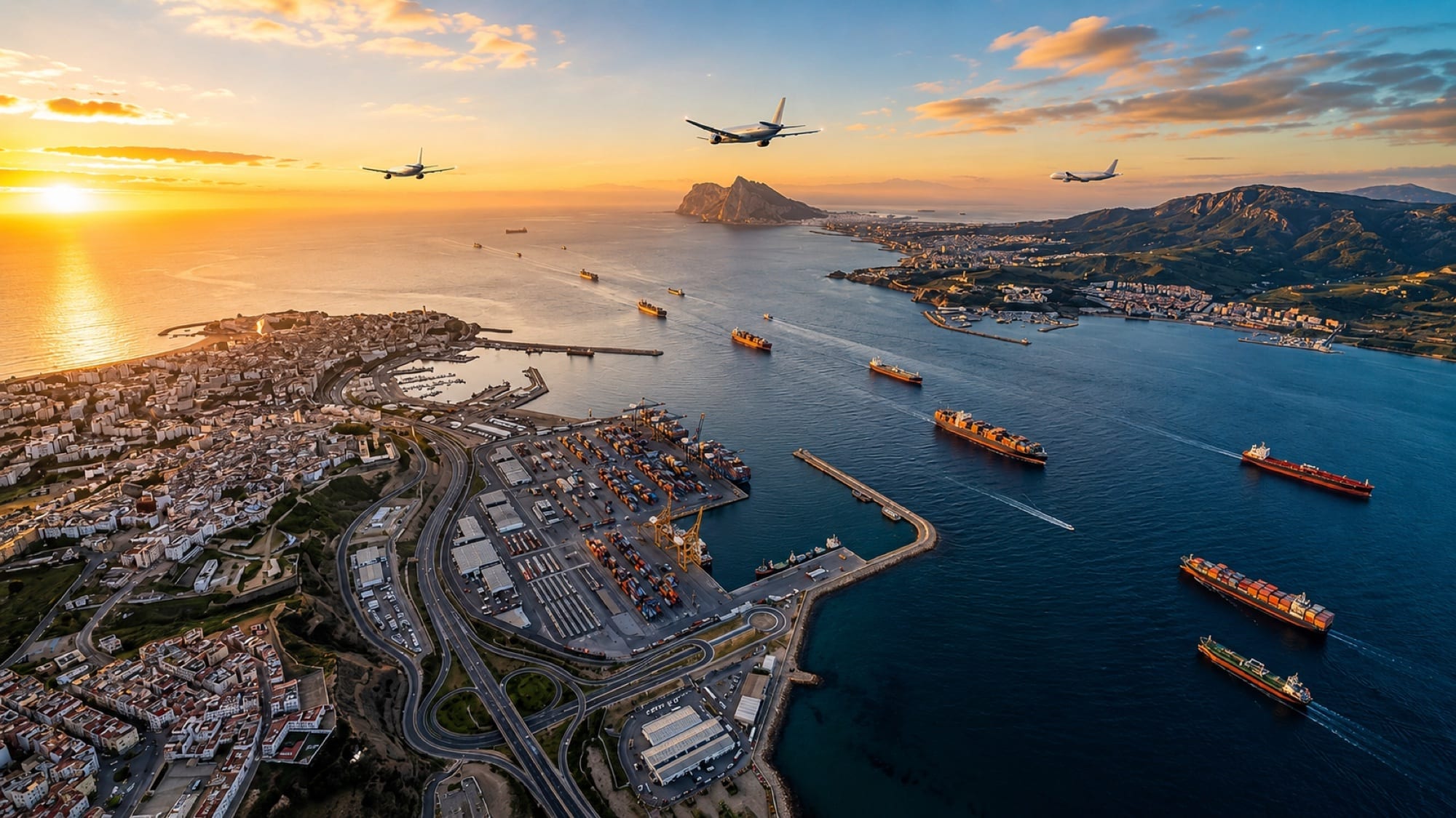 Aircraft and cargo ships crossing the Strait of Gibraltar between Morocco and Spain at sunset